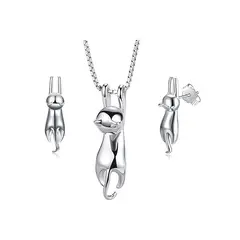 TODOJOYAS - Conjunto Collar y Aros Gatitos Colgantes Plateado