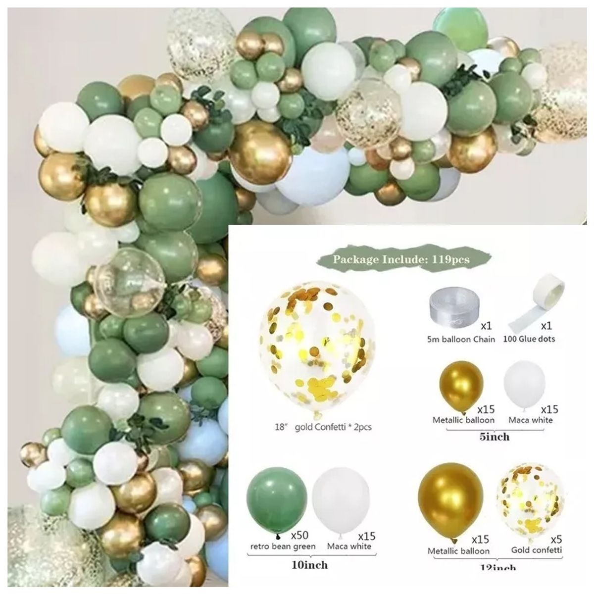 TNAKIEX - Arco De Globos Verdes Dorados Decoración De Fiesta Kit 132