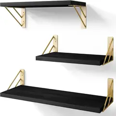 GENERICO - Repisas Flotantes De Madera KIT X3 Estantes Negro con Dorado