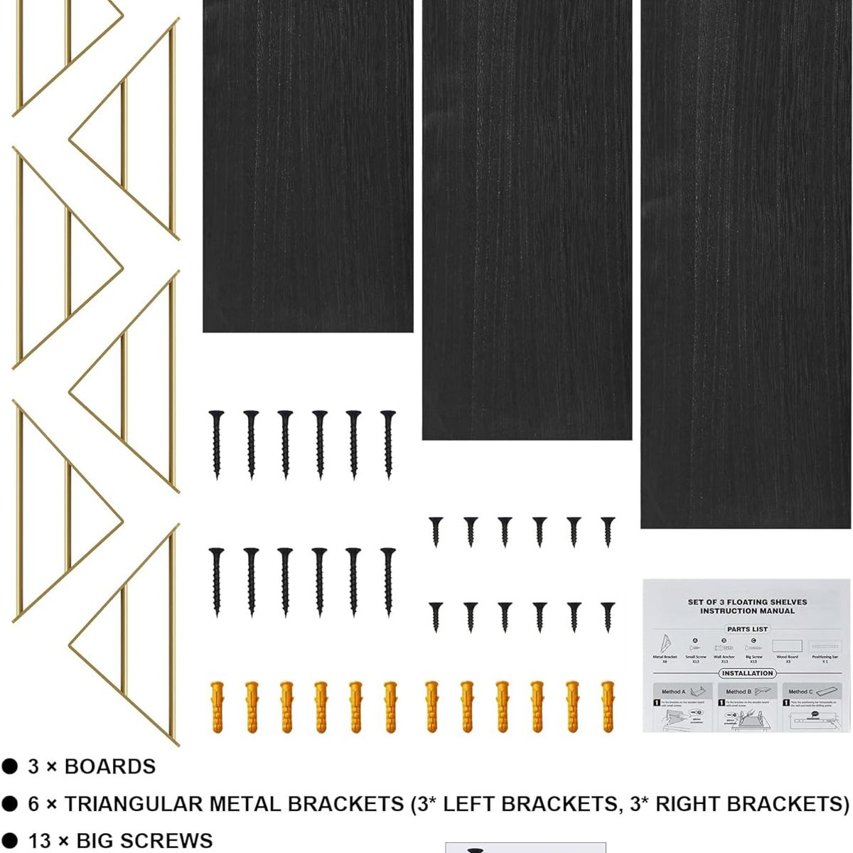 GENERICO - Repisas Flotantes De Madera KIT X3 Estantes Negro con Dorado