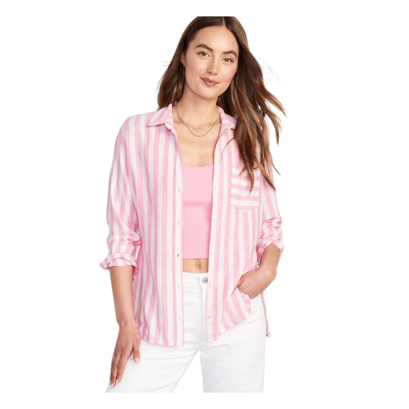 OLD NAVY - Blusa Mezcla De Lino A Rayas Boyfriend Rosa OLD NAVY