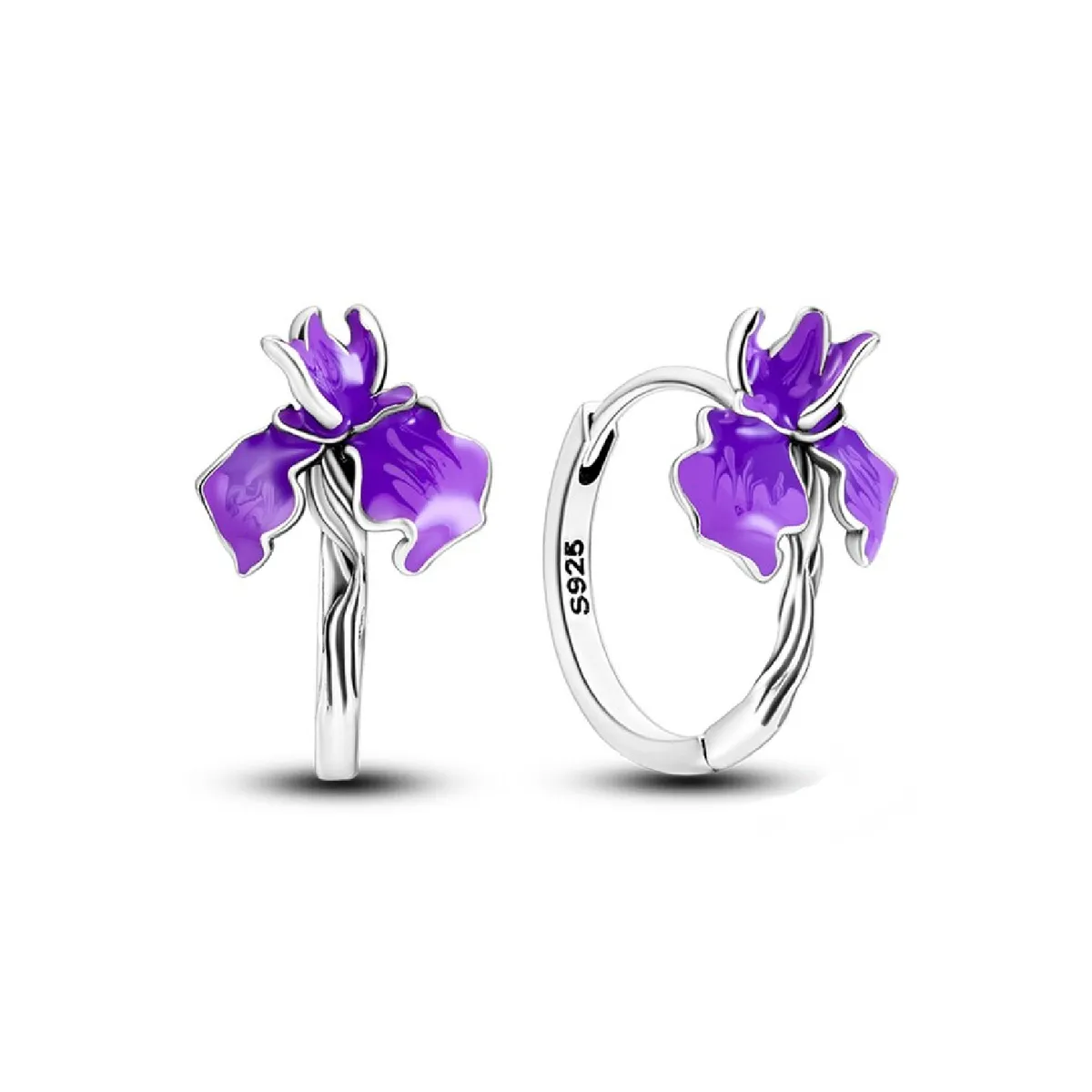 SILVER HEART - Aros Argolla Flor Iris Lila En Plata Fina 925 SILVER HEART
