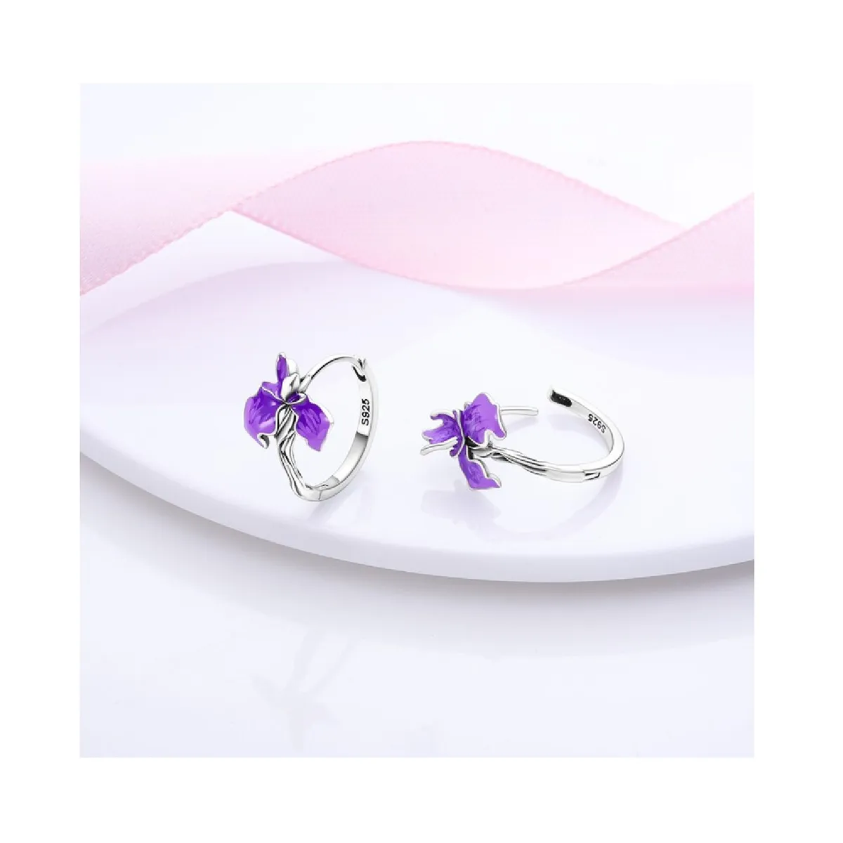 SILVER HEART - Aros Argolla Flor Iris Lila En Plata Fina 925 SILVER HEART