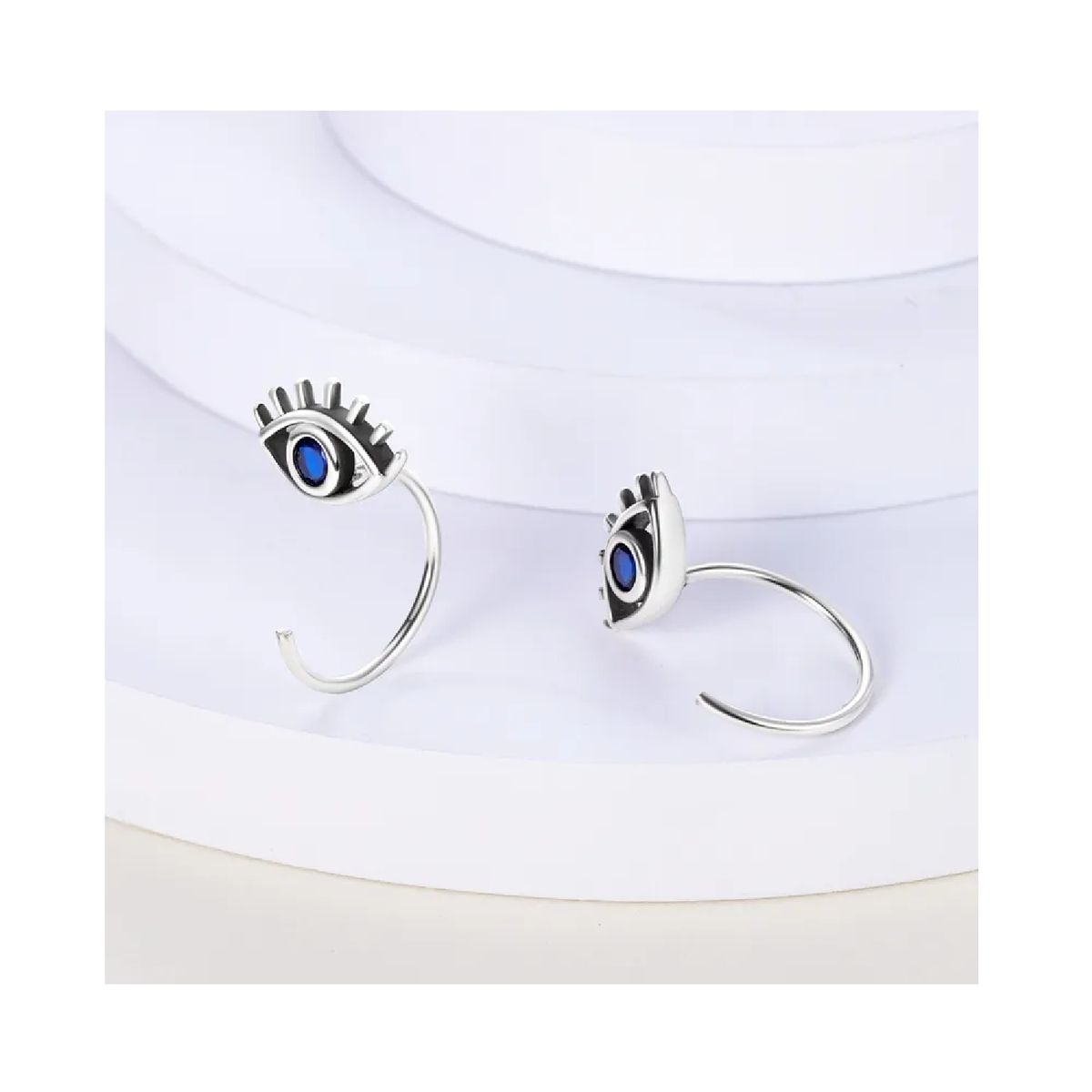 SILVER HEART - Aros Semi Argolla Ojo Y Circón Azul En Plata Fina 925 SILVER HEART