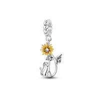 Charm Gato y Flor Girasol con Circón en Plata Fina 925