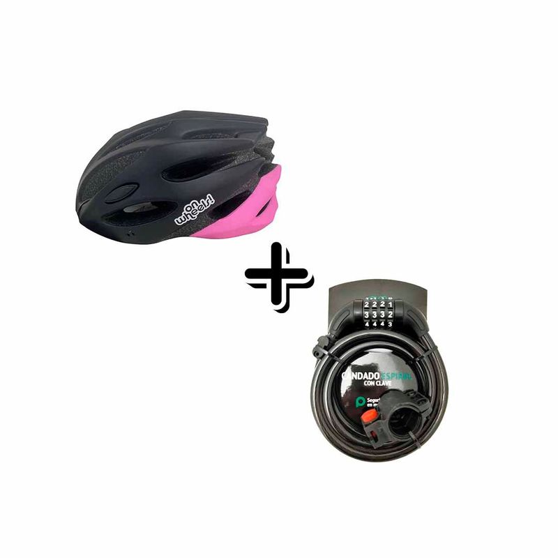 ONWHEELS - CASCO SPORT ONWHEELS NEGRO ROSADO M (55-58CM)+CANDADO ESPIRAL ONWHEELS CON CLAVE 12X150
