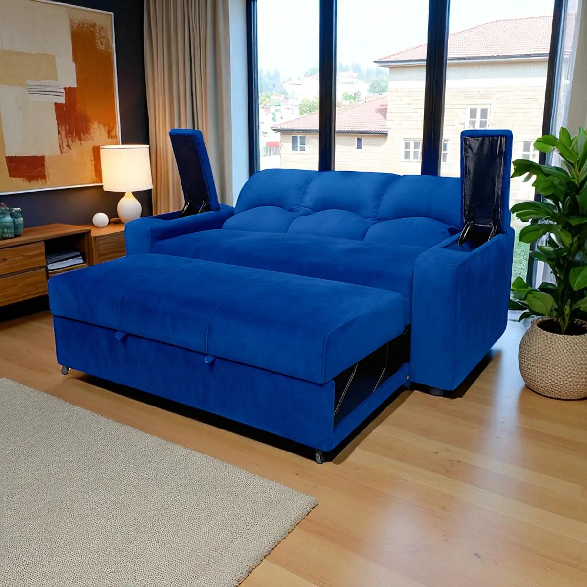 MUEBLERIA LATINA - SOFA CAMA FUNCIONAL 2 PZ DECO FELPA AZUL