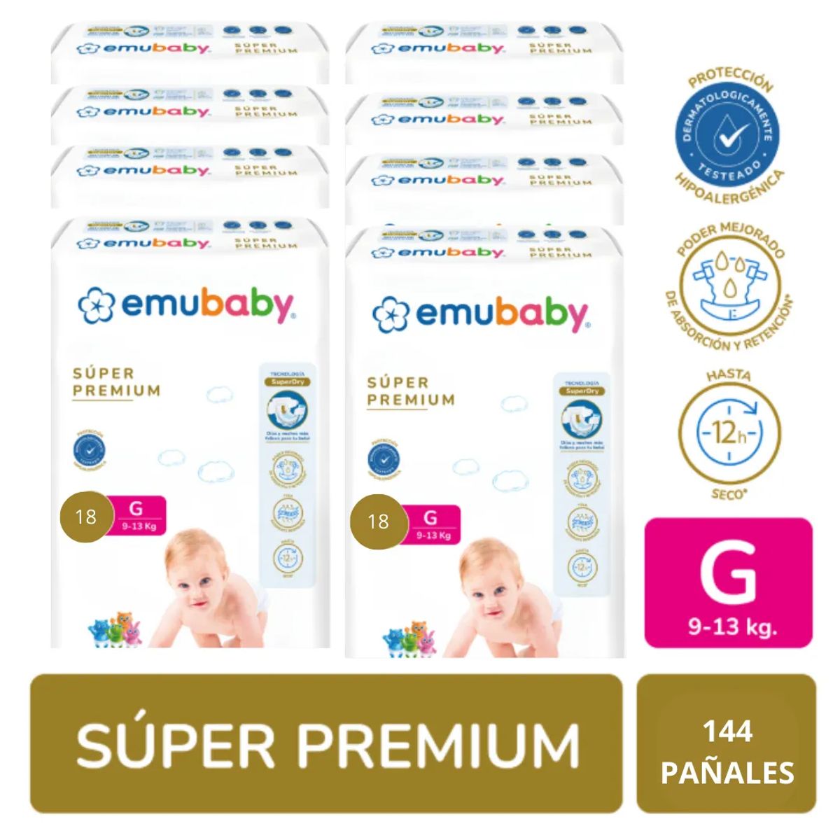 EMUBABY - Emubaby Premium G x8 paquetes 144 pañales