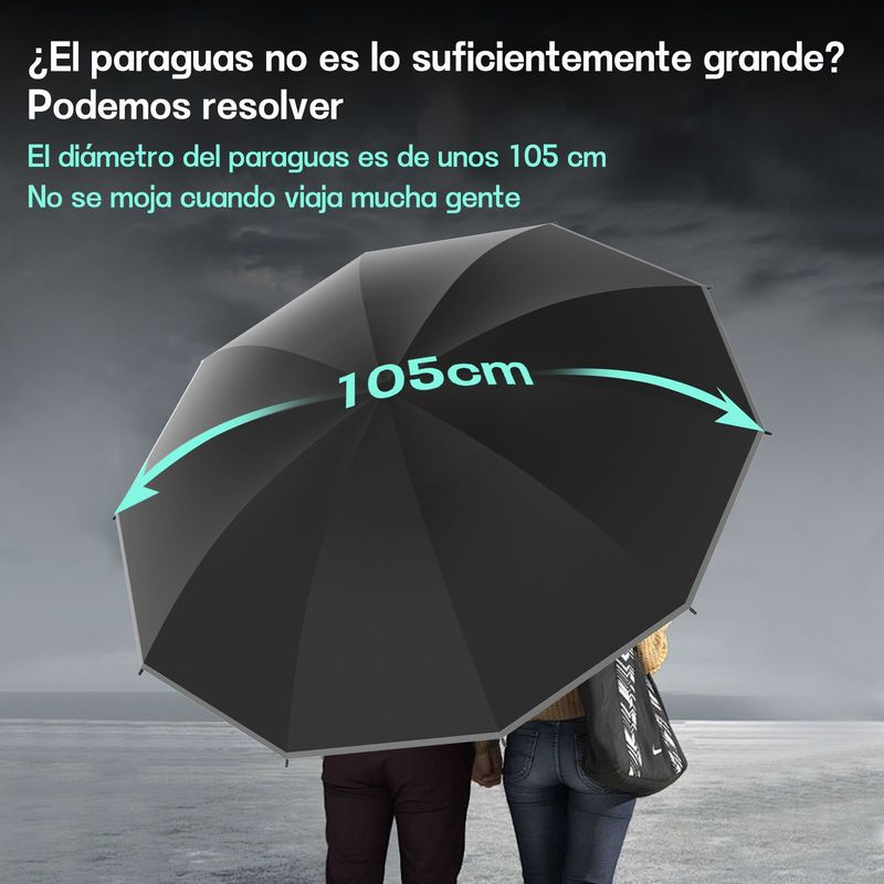 AIZO - Negro Paraguas Automático Sombrilla Con Tira Reflectante Upf 50