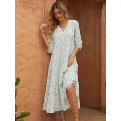 MOSS ROSE - Vestido de cuello en V con estampado de lunares para mujer azul.-