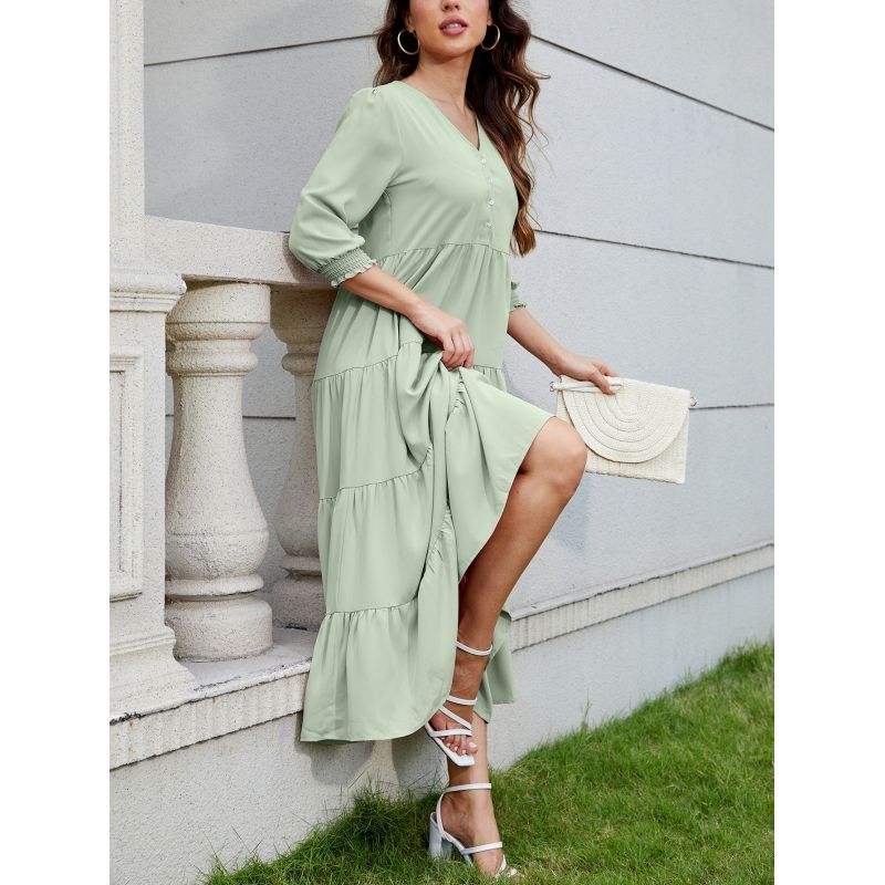 MOSS ROSE - Vestido de manga recortada con cuello en V abotonado para mujer verde