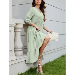 MOSS ROSE - Vestido de manga recortada con cuello en V abotonado para mujer verde