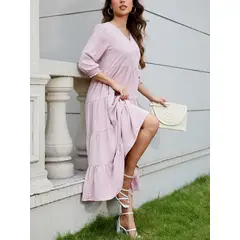 MOSS ROSE - Vestido de manga recortada con cuello en V abotonado de mujer rosa
