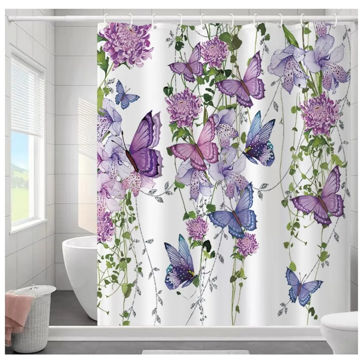 COMPRAPO - Cortina Baño Impermeable Butterfly Garden, más 12 Ganchos 180x180 Cm