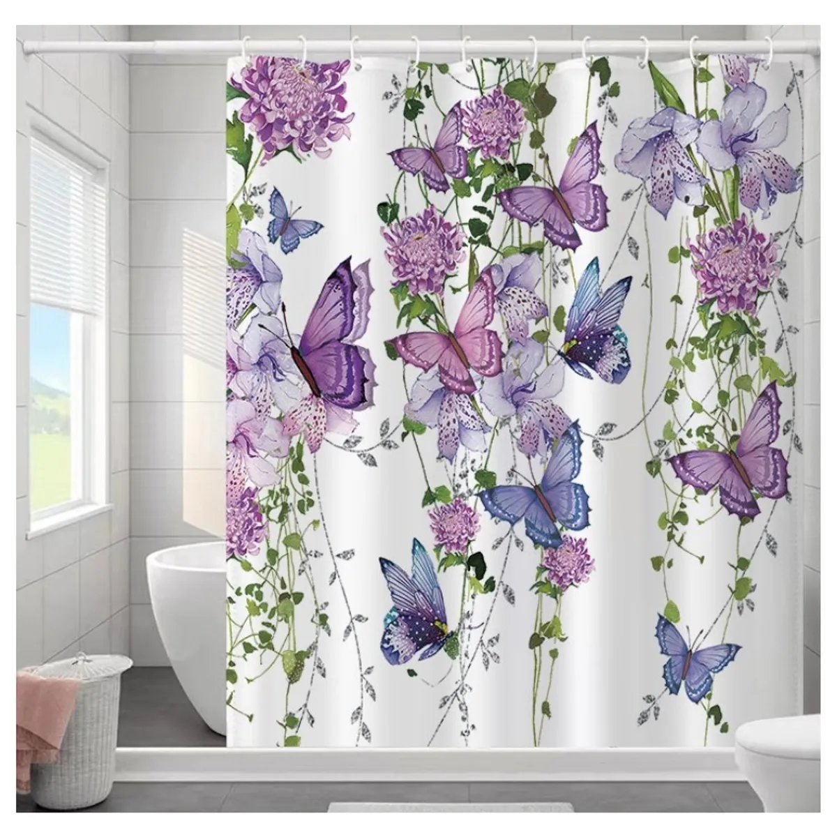 COMPRAPO - Cortina Baño Impermeable Butterfly Garden, más 12 Ganchos 180x180 Cm