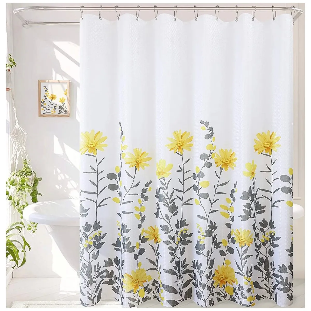 COMPRAPO - Cortina Baño Impermeable Gerberas Amarillas más 12 Ganchos 180x180 Cm