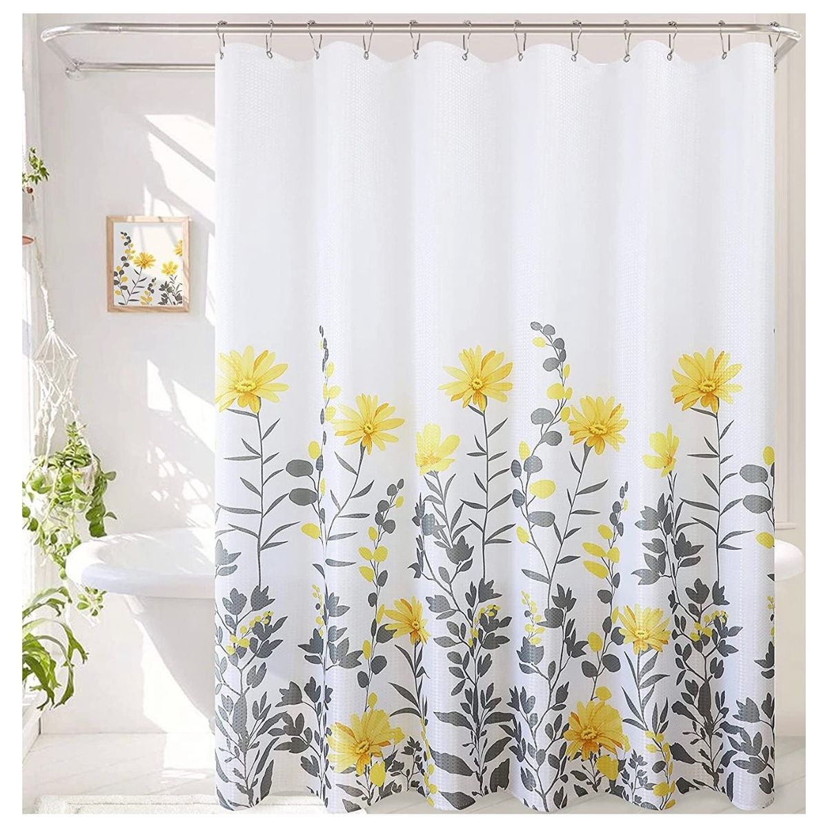 COMPRAPO - Cortina Baño Impermeable Gerberas Amarillas más 12 Ganchos 180x180 Cm