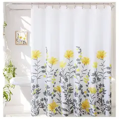 COMPRAPO - Cortina Baño Impermeable Gerberas Amarillas más 12 Ganchos 180x180 Cm