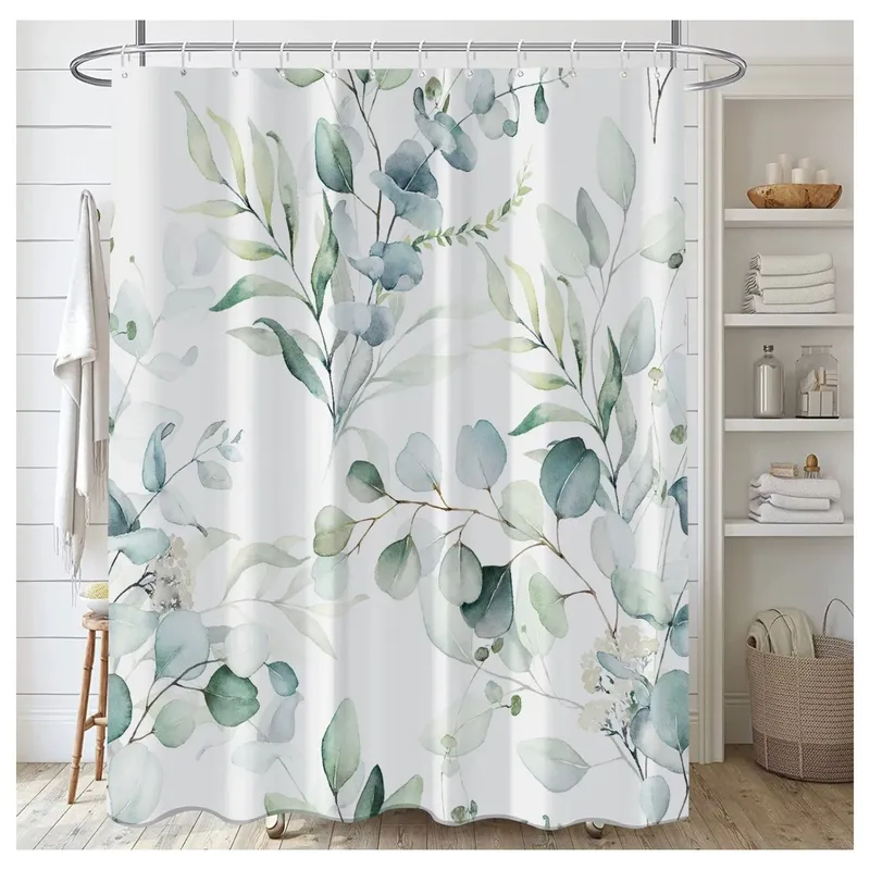 COMPRAPO - Cortina Baño Impermeable Green Eucalyptus, más 12 Ganchos 180x180 Cm