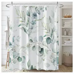 COMPRAPO - Cortina Baño Impermeable Green Eucalyptus, más 12 Ganchos 180x180 Cm