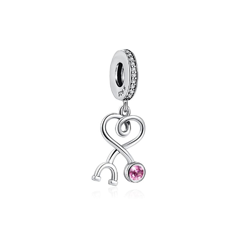 SILVER HEART - Charm Estetoscopio Medico Circón Rosa En Plata Fina 925 SILVER HEART