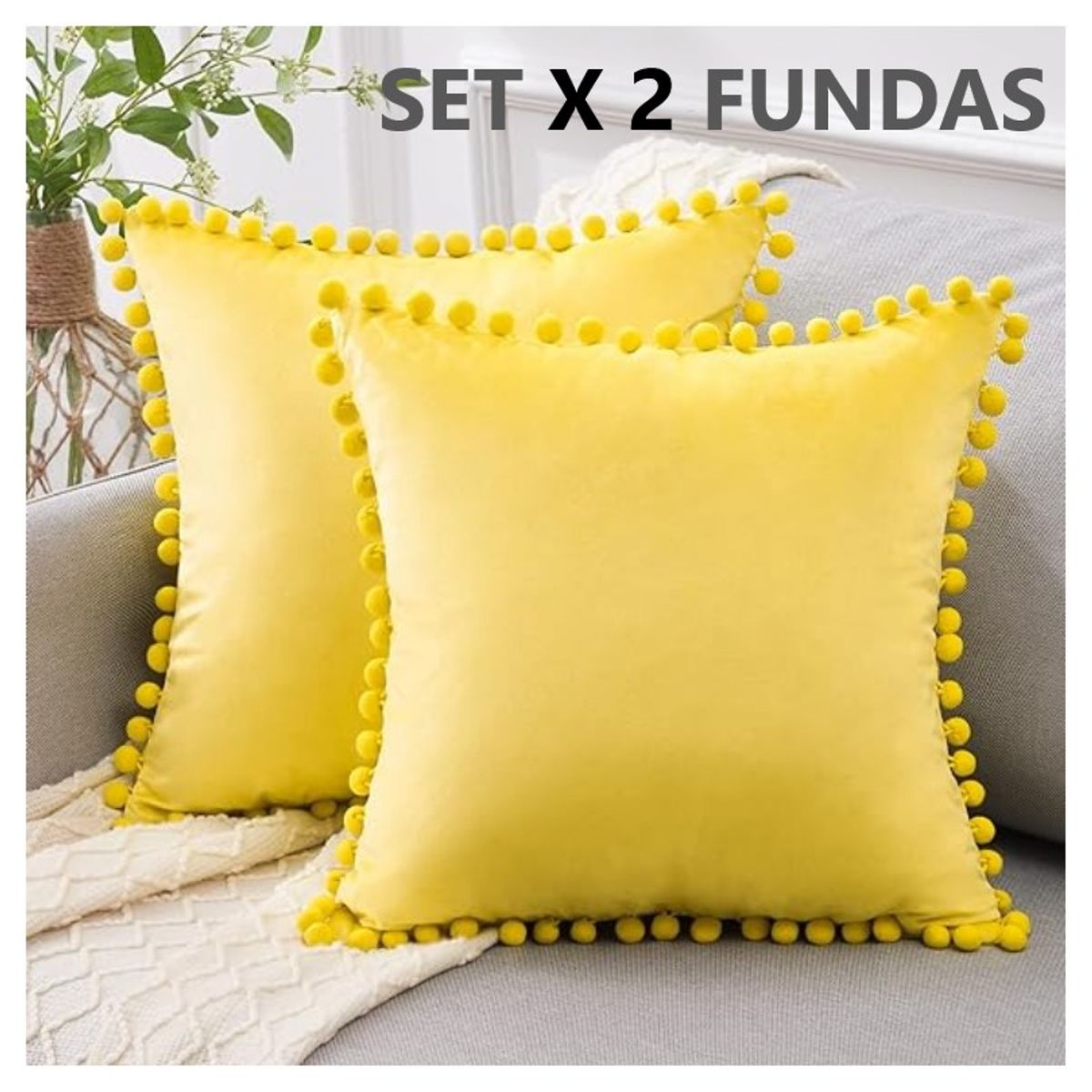 COMPRAPO - Set X 2 Fundas Cojín Boho Chic Aterciopelado Mostaza 45x45 Cm.