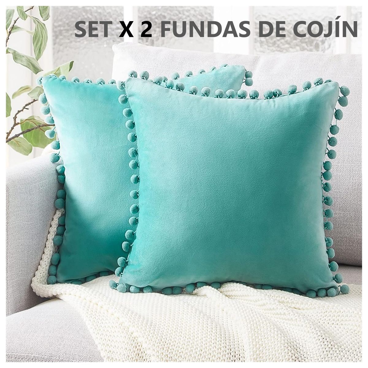COMPRAPO - Set X 2 Fundas Cojín Boho Chic Aterciopelado Pompones Menta 45x45