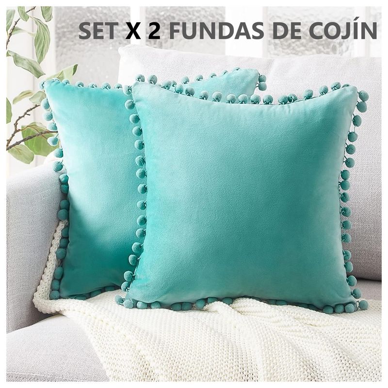 COMPRAPO - Set X 2 Fundas Cojín Boho Chic Aterciopelado Pompones Menta 45x45