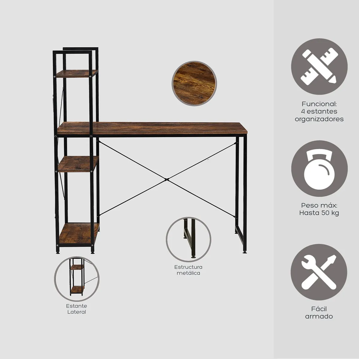 RELAN - Escritorio Estilo Industrial Top Living Estantería Lateral Desk 4