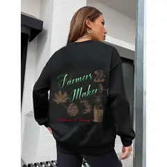 MOSS ROSE - Sudadera de mujer con estampado de letras botánicas negra