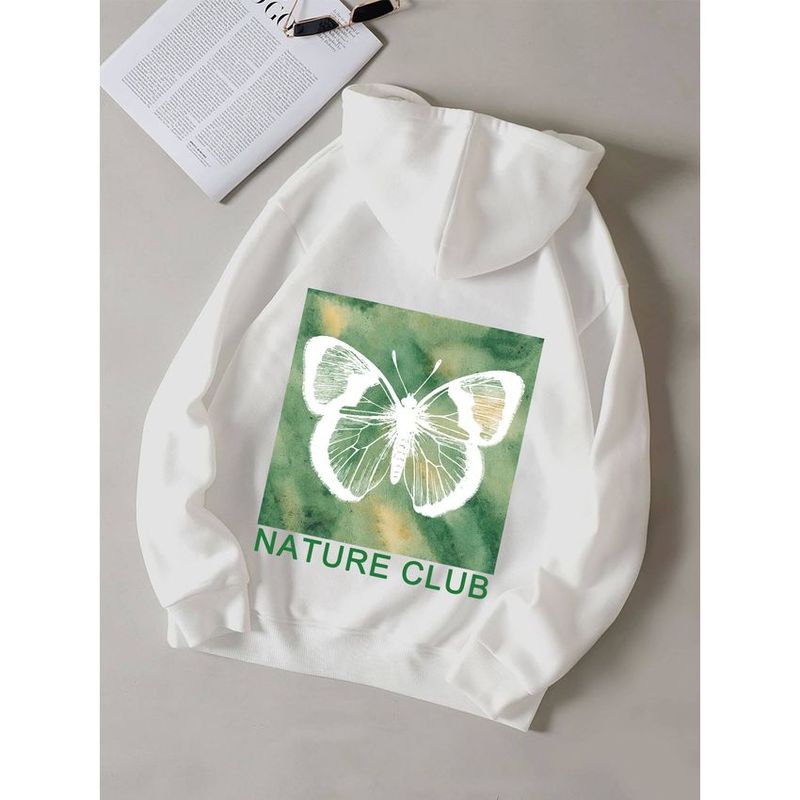 MOSS ROSE - Sudadera con capucha con estampado de mariposas para mujer blanca.