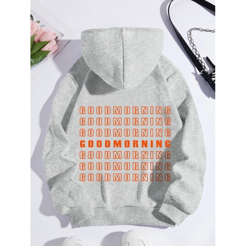 MOSS ROSE - Sudadera con capucha estampada de letras para mujer gris claro