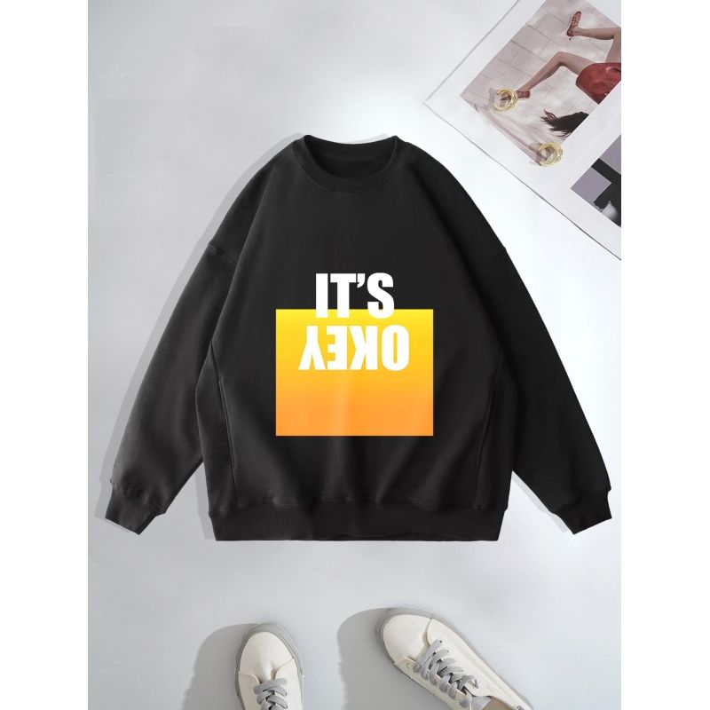 MOSS ROSE - Sudadera de mujer con estampado de monograma y cuello redondo negra
