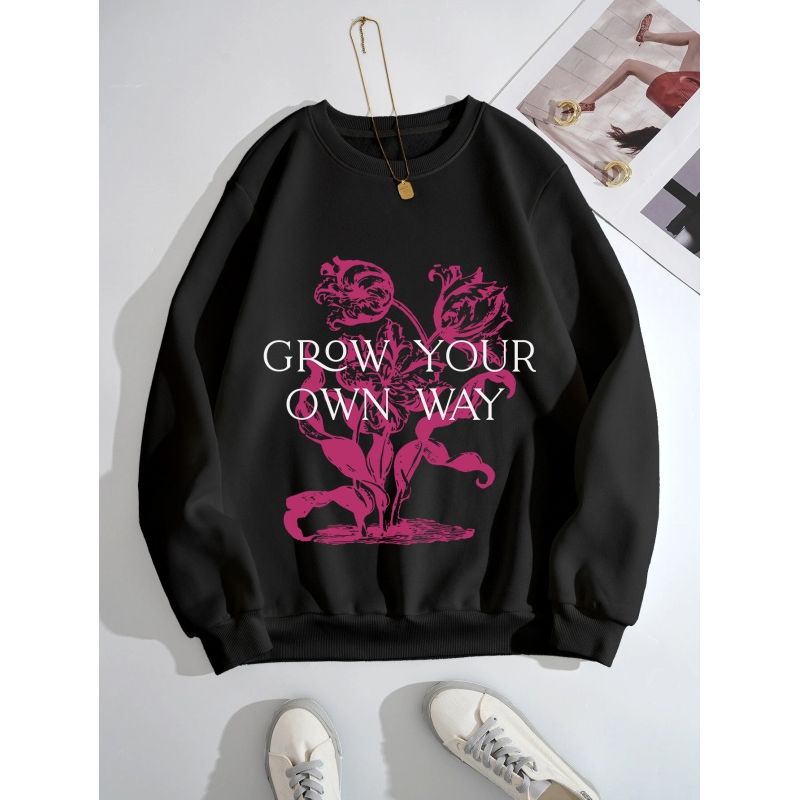 MOSS ROSE - Sudadera de cuello redondo con estampado floral para mujer negra.-