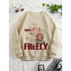 MOSS ROSE - Sudadera de cuello redondo con estampado floral para mujer caqui