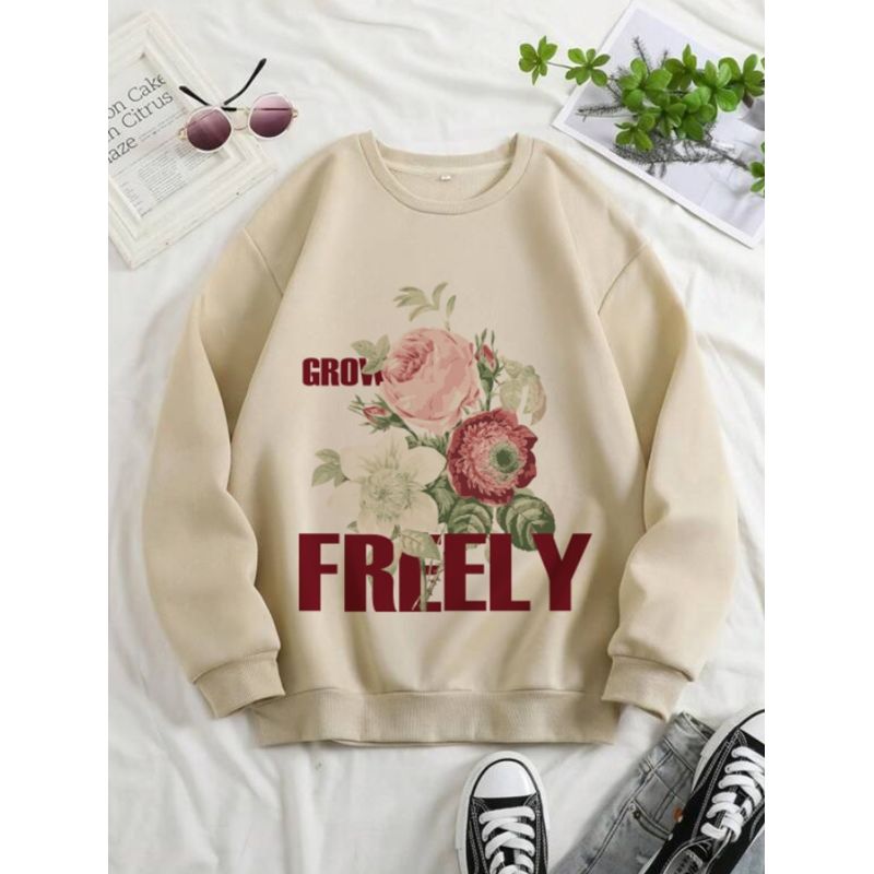 MOSS ROSE - Sudadera de cuello redondo con estampado floral para mujer caqui