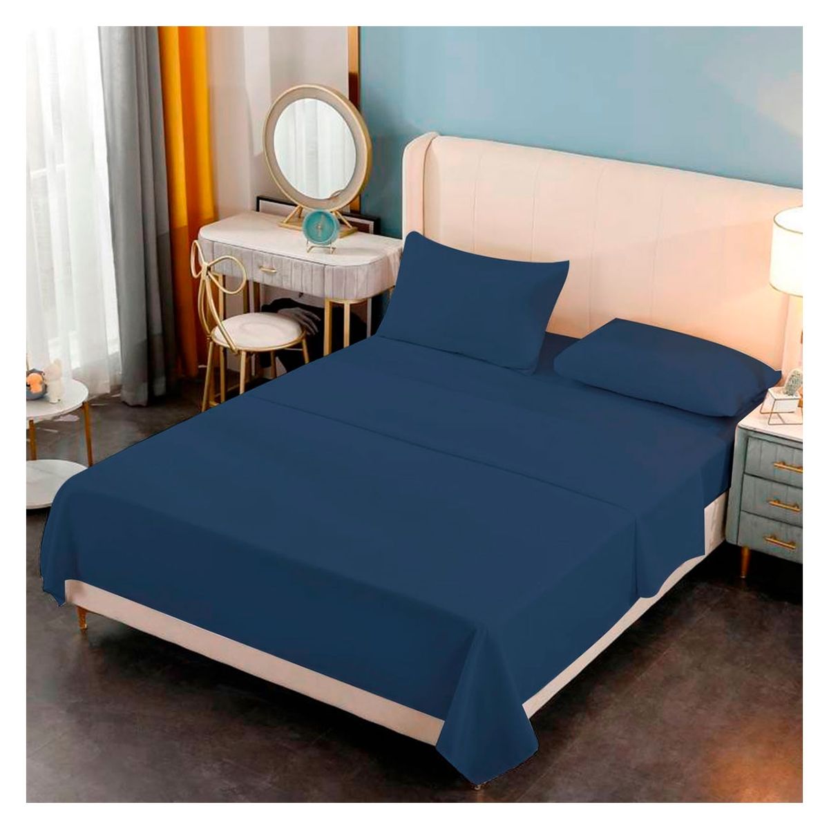 GENERICO - Sabana Premium Algodon 188 Hilos 2.5 Plazas Azul Marino
