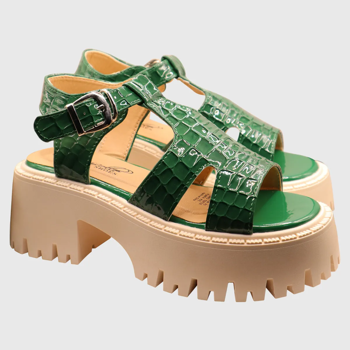DINASTELLA - Sandalias de Mujer con Plataforma Hebilla de Charol Verde Danicolle
