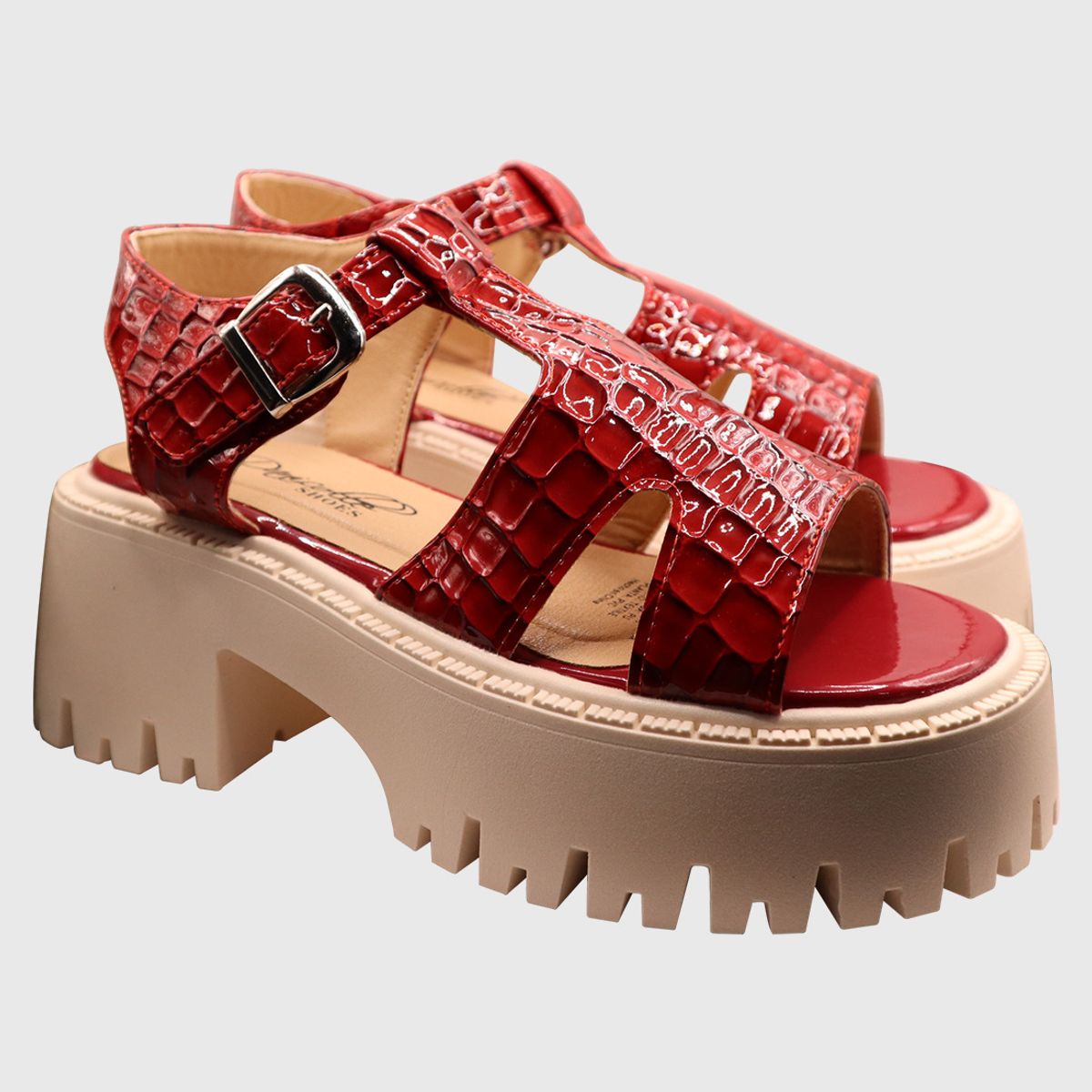 DINASTELLA - Sandalias de Mujer con Plataforma Hebilla de Charol Rojo Danicolle