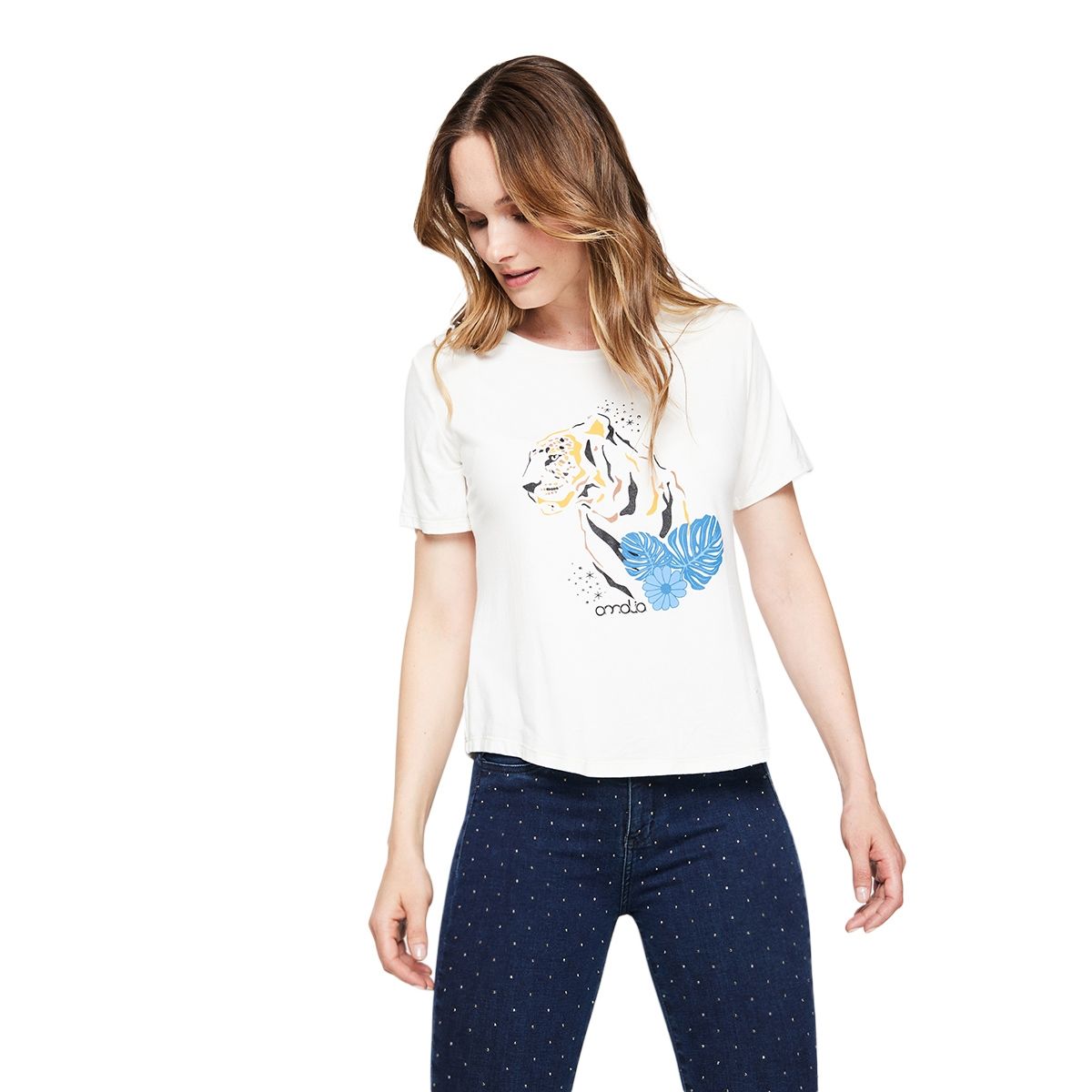 AMALIA JEANS - Polera Mujer Estampada Tigre 4348 Blanca Amalia Jeans