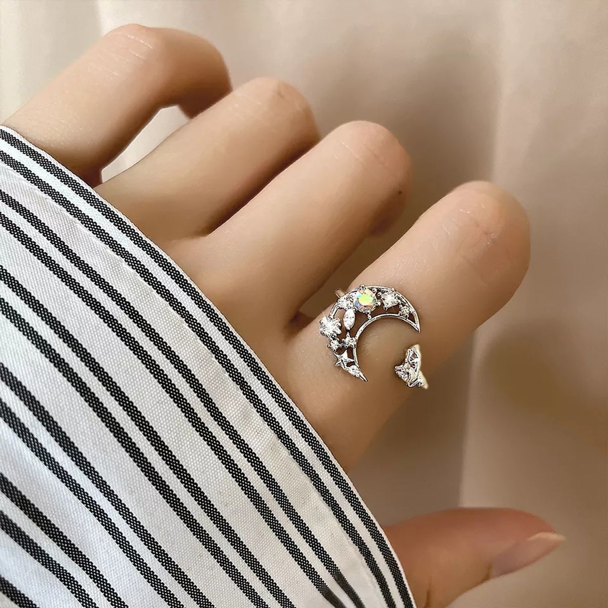 TODOJOYAS - Anillo Forma de Luna y Gato Plateado