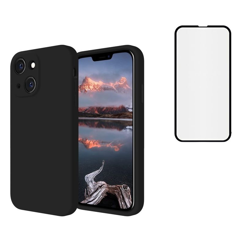 GENERICO - Carcasa Silicona Para iPhone 13 Negro y Lamina Completa