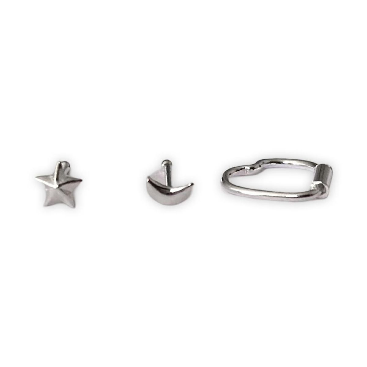 GENERICO - Pack 3 Piercing Nariz Estrella Luna Corazon Plata Mas Caja