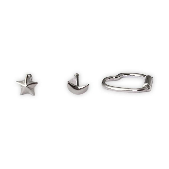 GENERICO - Pack 3 Piercing Nariz Estrella Luna Corazon Plata Mas Caja