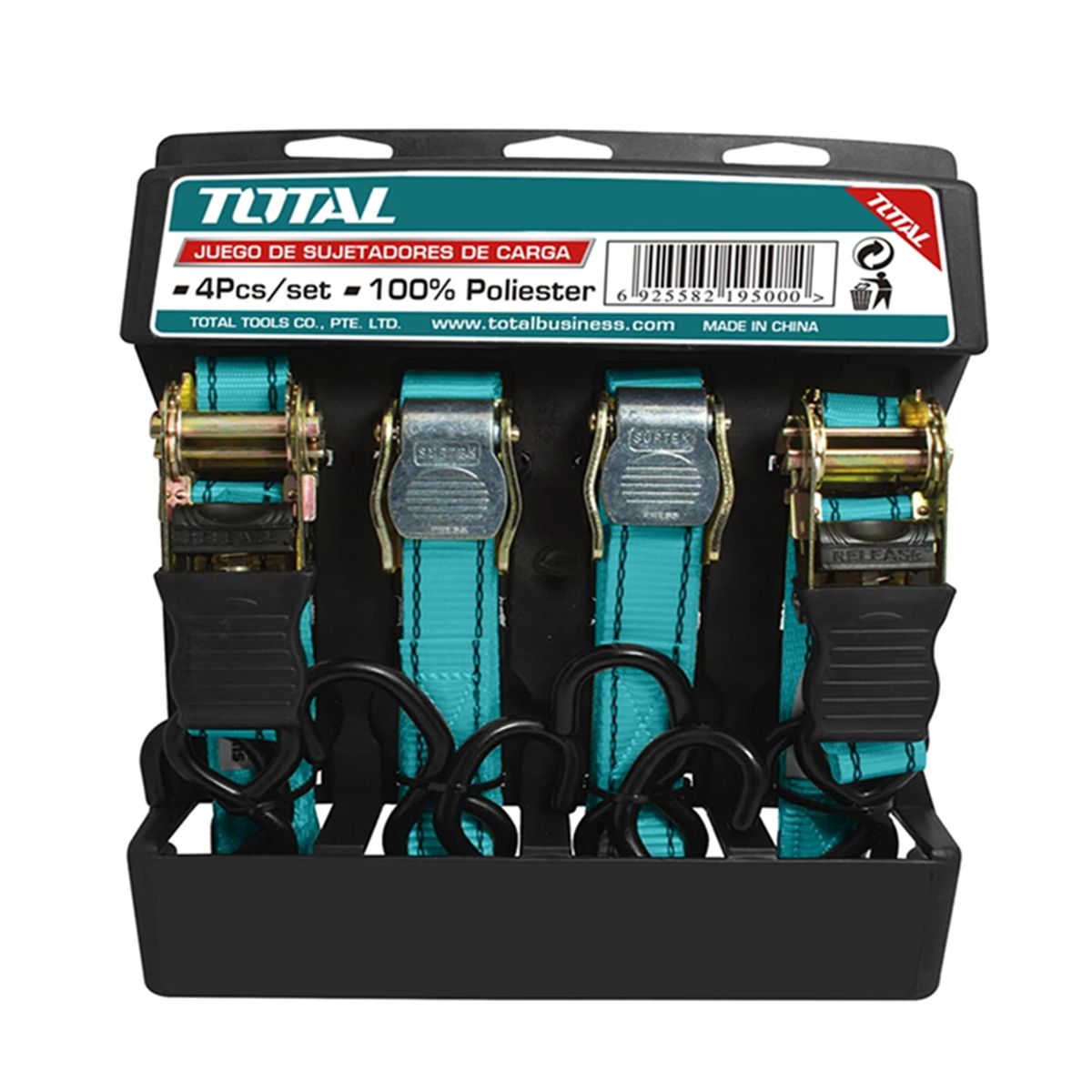 TOTAL TOOLS - Juego 4 Eslinga Cinta Amarre Ratchet Hebilla 4.5m X 25mm