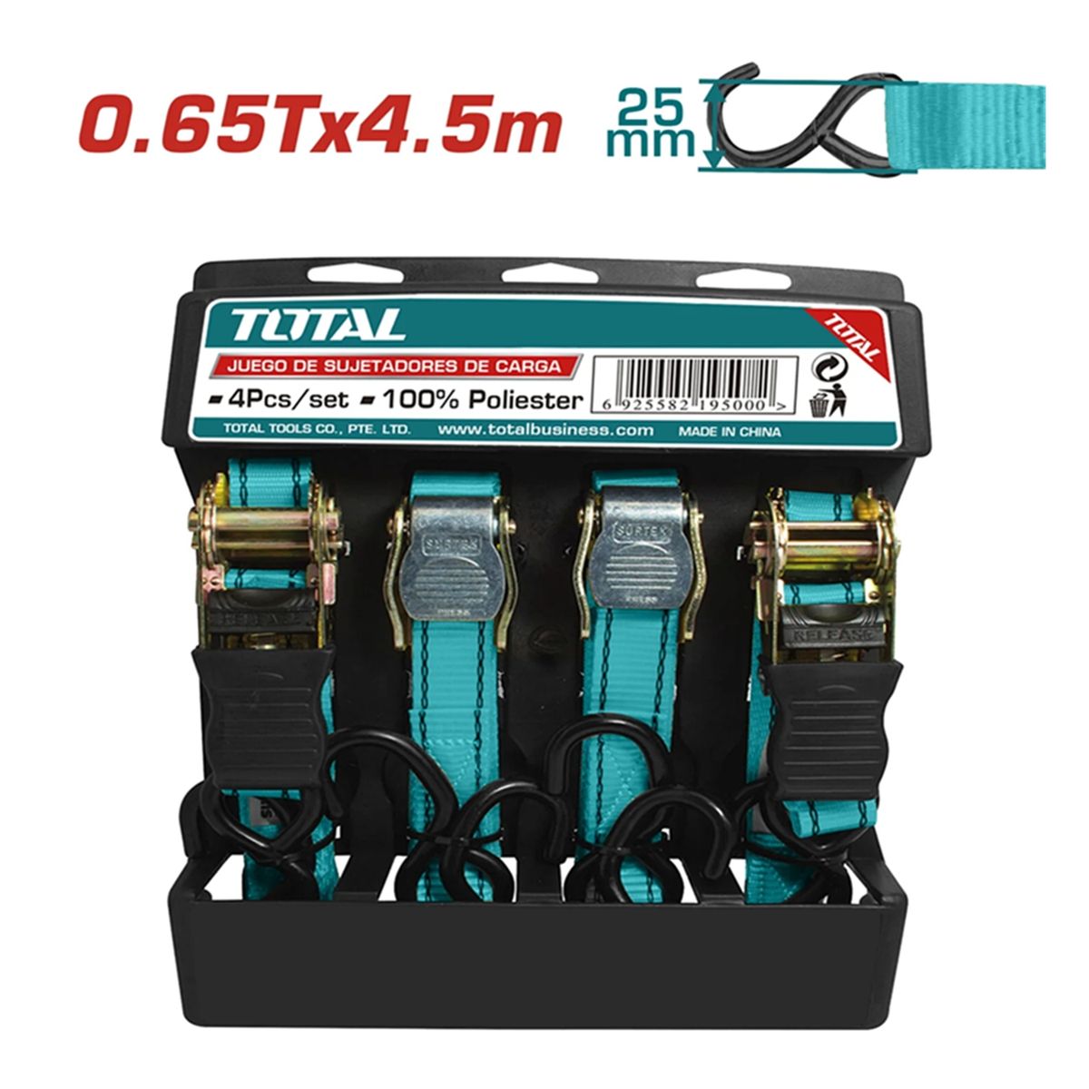 TOTAL TOOLS - Juego 4 Eslinga Cinta Amarre Ratchet Hebilla 4.5m X 25mm