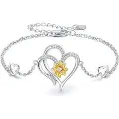 GENERICO - Pulsera Brazalete Plata 925 Girasol Doble Corazon Mujer