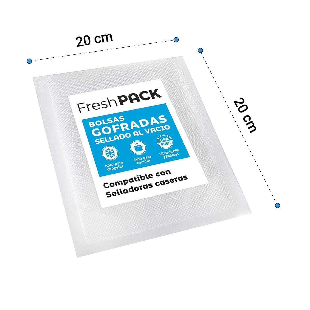 FRESHPACK - 100 Bolsas Sellado Al Vacío Gofradas 20x20 Cms + Resistente