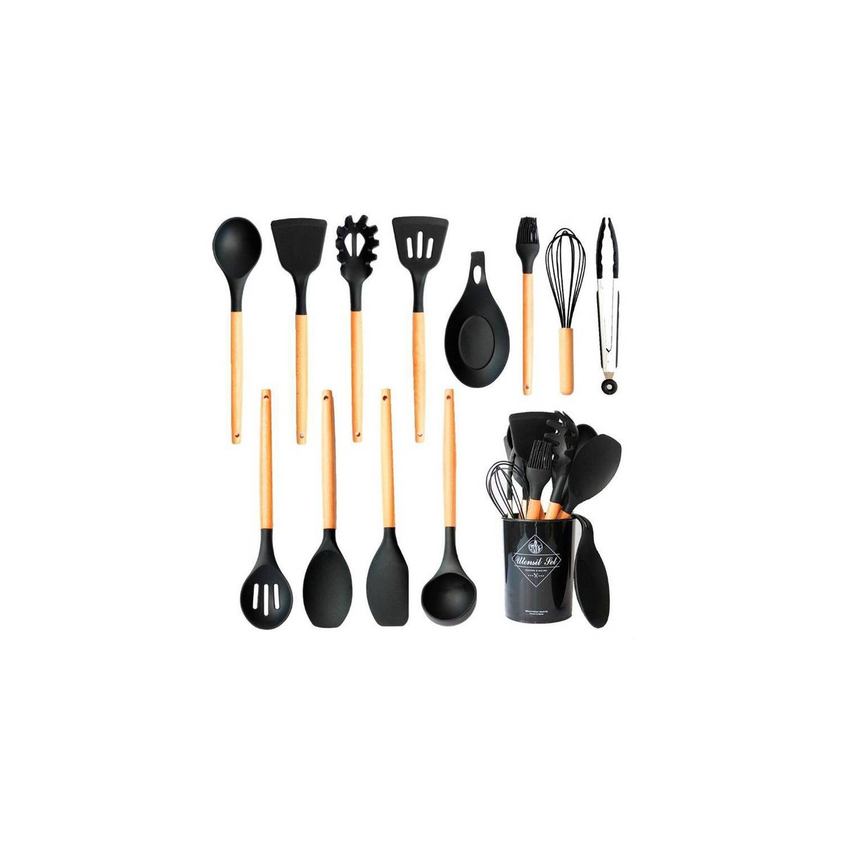 GENERICO - Set 12 Utensilios Cocina Mango Silicona Y Madera Repostería negro