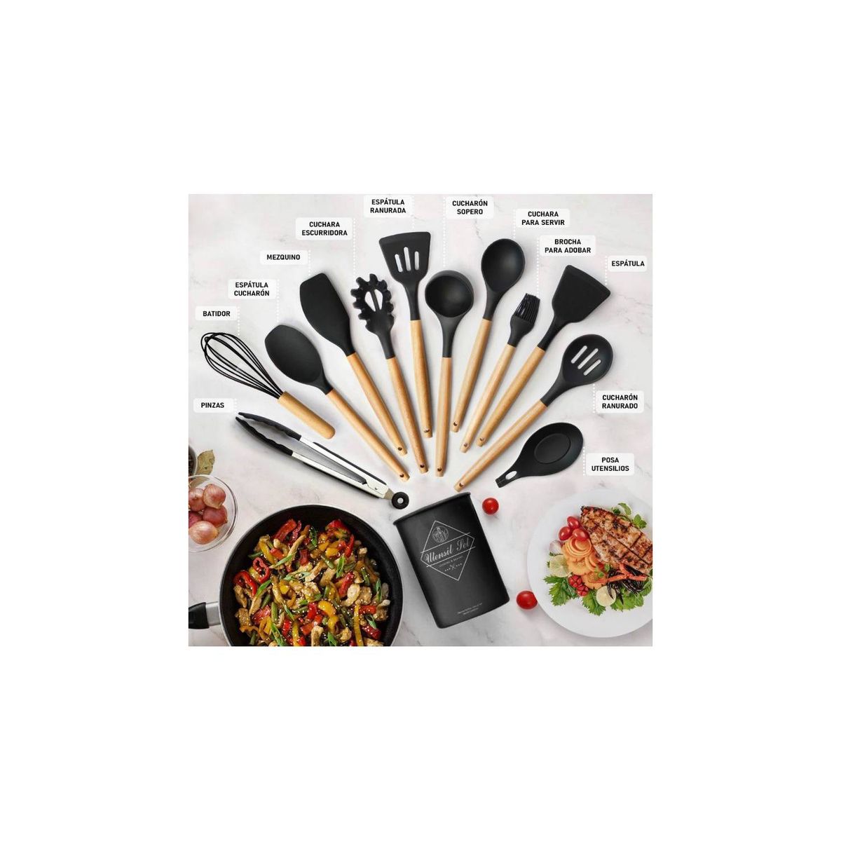 GENERICO - Set 12 Utensilios Cocina Mango Silicona Y Madera Repostería negro
